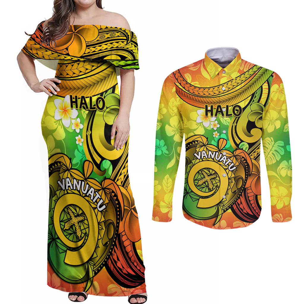 Halo Vanuatu Couples Matching Off Shoulder Maxi Dress and Long Sleeve Button Shirt Sand Drawing Turtle Polynesian Tropical Flowers LT14 Reggae - Polynesian Pride