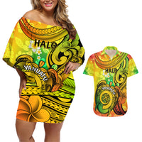 Halo Vanuatu Couples Matching Off Shoulder Short Dress and Hawaiian Shirt Sand Drawing Turtle Polynesian Tropical Flowers LT14 Reggae - Polynesian Pride