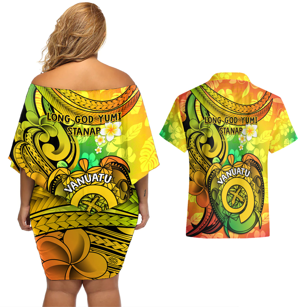 Halo Vanuatu Couples Matching Off Shoulder Short Dress and Hawaiian Shirt Sand Drawing Turtle Polynesian Tropical Flowers LT14 - Polynesian Pride
