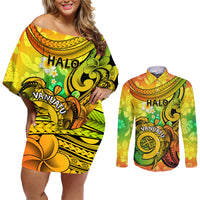 Halo Vanuatu Couples Matching Off Shoulder Short Dress and Long Sleeve Button Shirt Sand Drawing Turtle Polynesian Tropical Flowers LT14 Reggae - Polynesian Pride