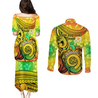 Halo Vanuatu Couples Matching Puletasi Dress and Long Sleeve Button Shirt Sand Drawing Turtle Polynesian Tropical Flowers LT14 - Polynesian Pride