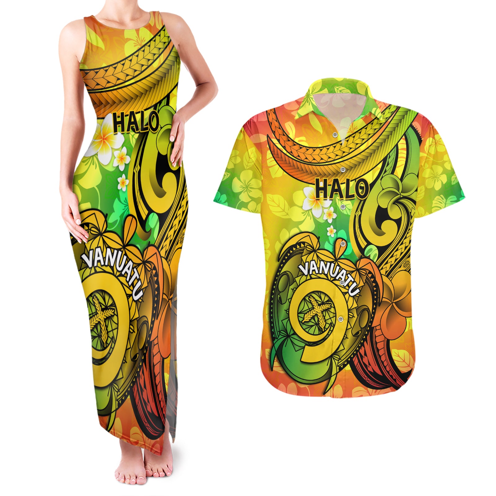 Halo Vanuatu Couples Matching Tank Maxi Dress and Hawaiian Shirt Sand Drawing Turtle Polynesian Tropical Flowers LT14 Reggae - Polynesian Pride
