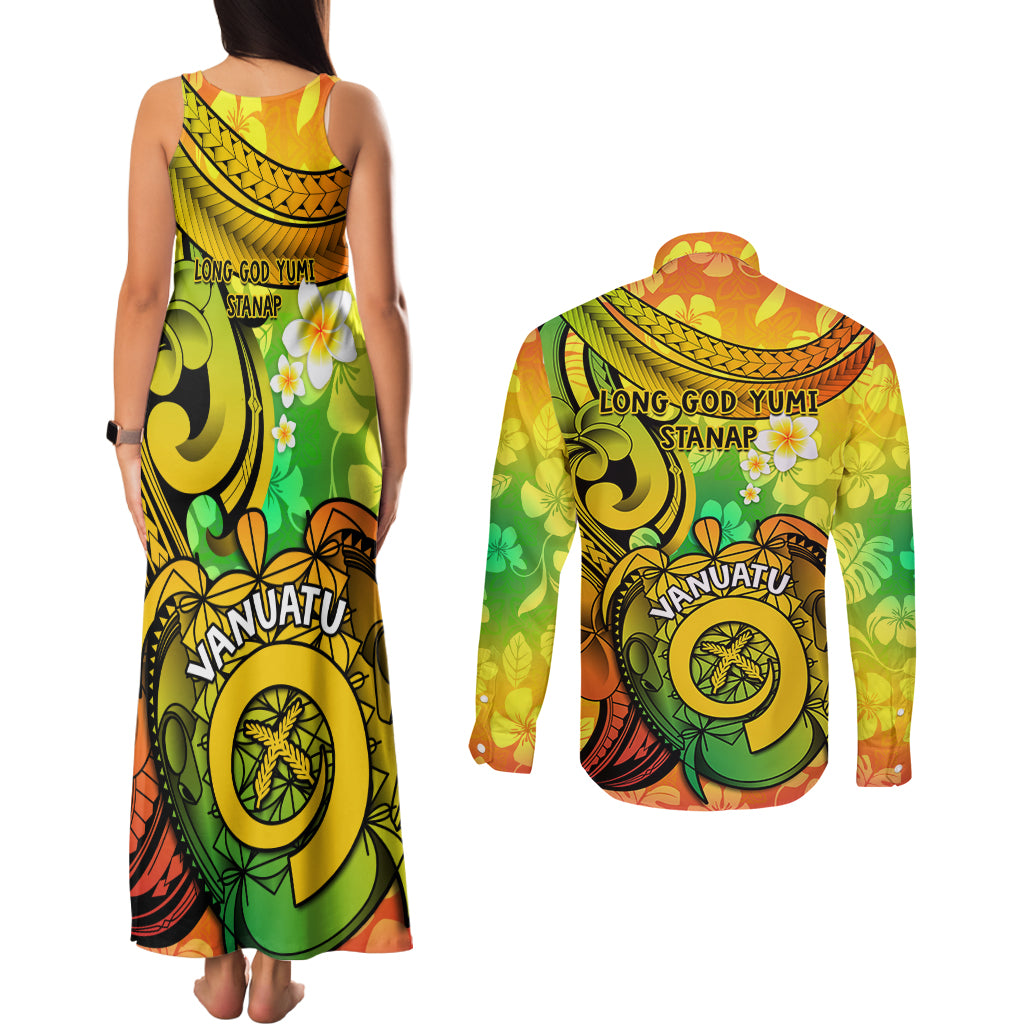 Halo Vanuatu Couples Matching Tank Maxi Dress and Long Sleeve Button Shirt Sand Drawing Turtle Polynesian Tropical Flowers LT14 - Polynesian Pride