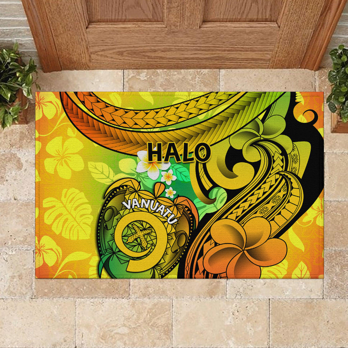 Halo Vanuatu Rubber Doormat Sand Drawing Turtle Polynesian Tropical Flowers LT14 - Polynesian Pride