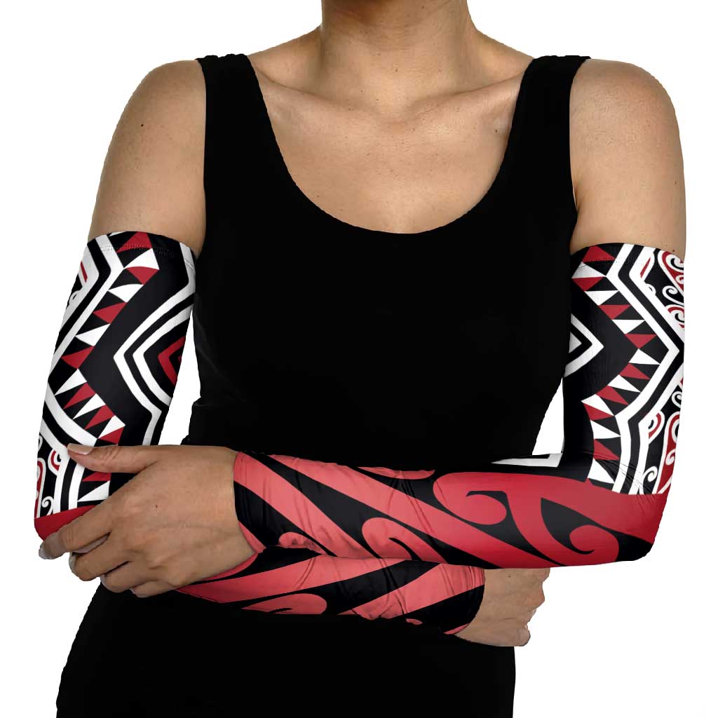 New Zealand Arm Sleeves Aotearoa Kowhaiwhai Mix Taniko Art - Red - Polynesian Pride