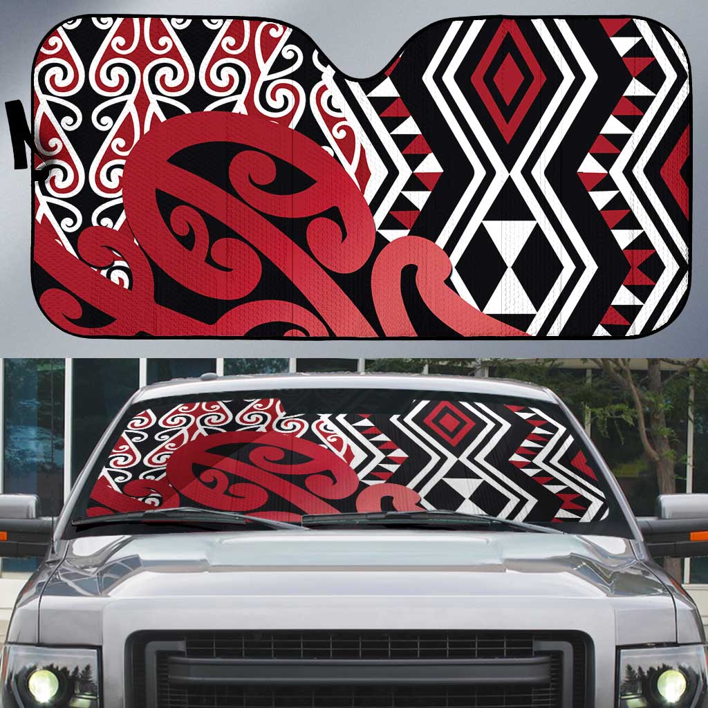 New Zealand Auto Sun Shade Aotearoa Kowhaiwhai Mix Taniko Art - Red - Polynesian Pride