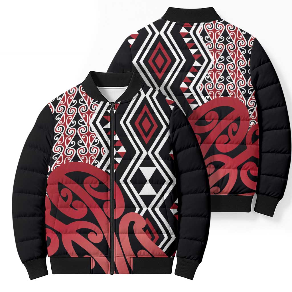 New Zealand Bomber Puffer Jacket Aotearoa Kowhaiwhai Mix Taniko Art - Red - Polynesian Pride