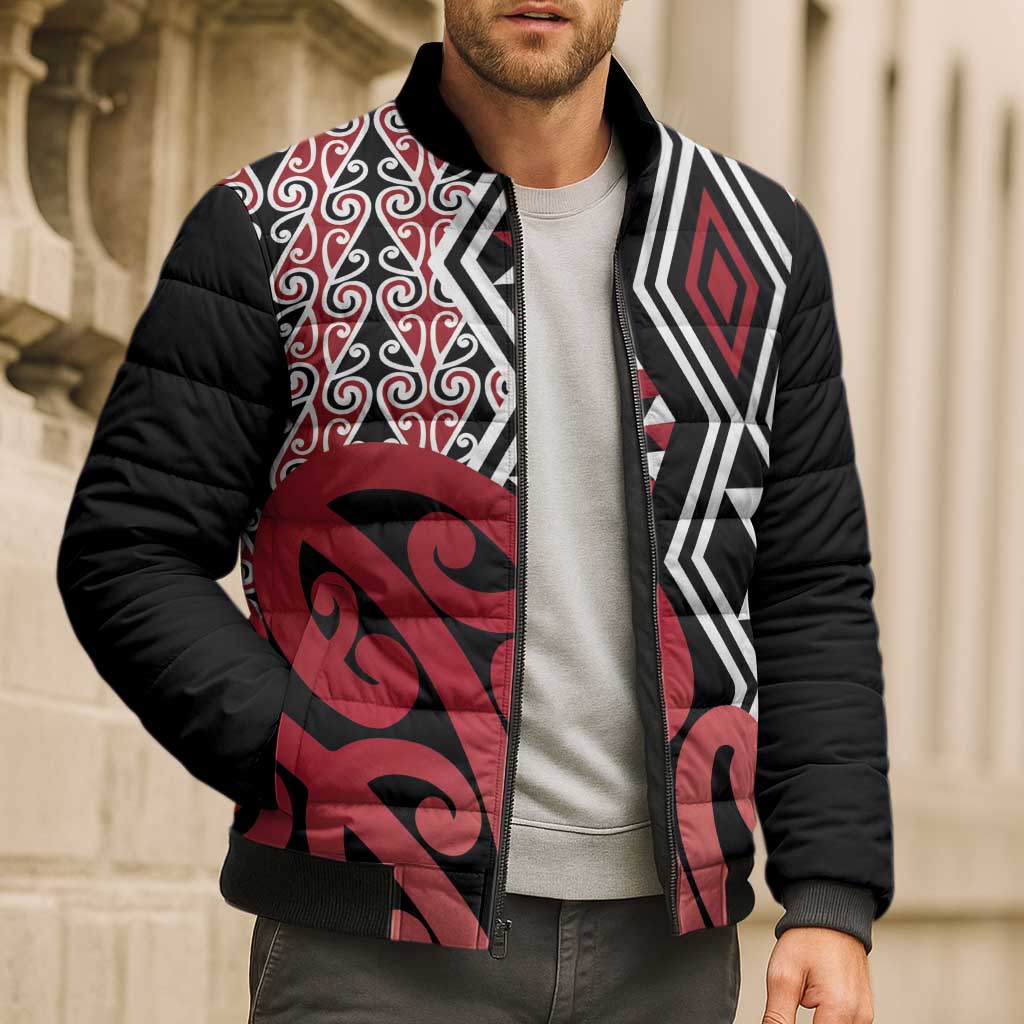 New Zealand Bomber Puffer Jacket Aotearoa Kowhaiwhai Mix Taniko Art - Red - Polynesian Pride