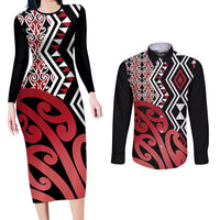 New Zealand Couples Matching Long Sleeve Bodycon Dress and Long Sleeve Button Shirt Aotearoa Kowhaiwhai Mix Taniko Art - Red