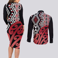 New Zealand Couples Matching Long Sleeve Bodycon Dress and Long Sleeve Button Shirt Aotearoa Kowhaiwhai Mix Taniko Art - Red