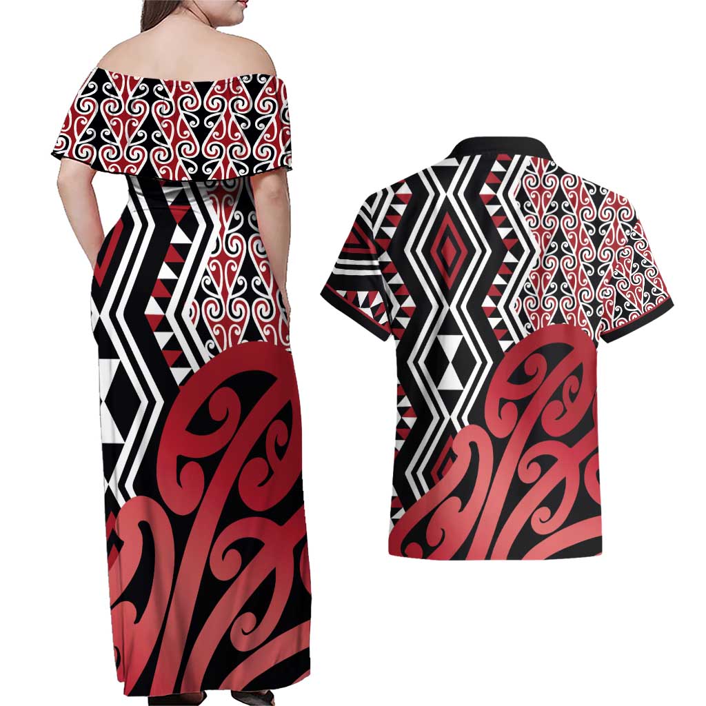 New Zealand Couples Matching Off Shoulder Maxi Dress and Hawaiian Shirt Aotearoa Kowhaiwhai Mix Taniko Art - Red