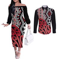 New Zealand Couples Matching Off The Shoulder Long Sleeve Dress and Long Sleeve Button Shirt Aotearoa Kowhaiwhai Mix Taniko Art - Red