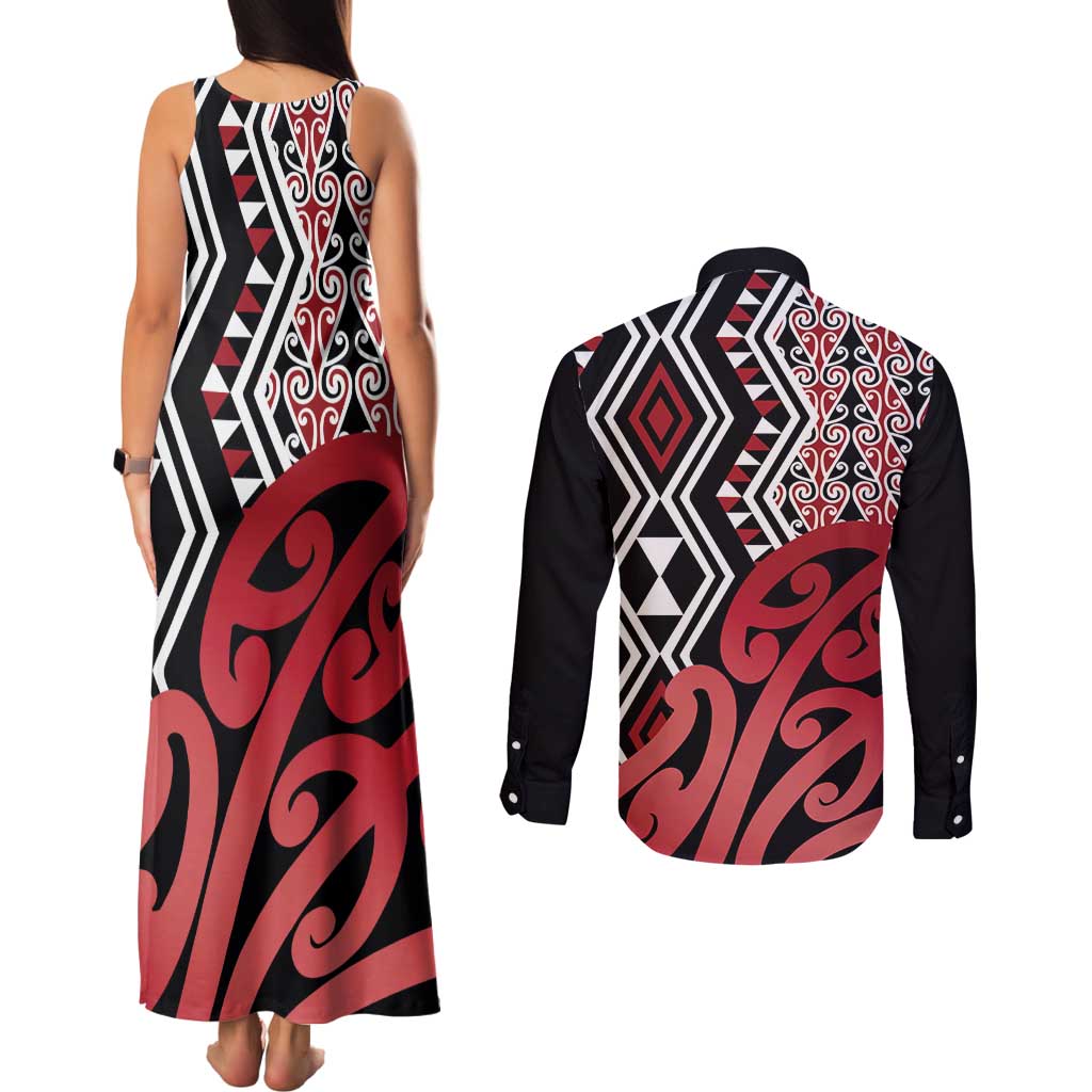 New Zealand Couples Matching Tank Maxi Dress and Long Sleeve Button Shirt Aotearoa Kowhaiwhai Mix Taniko Art - Red