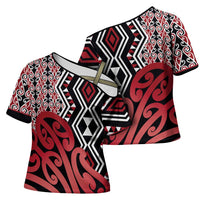 New Zealand Cross Shoulder Shirt Aotearoa Kowhaiwhai Mix Taniko Art - Red - Polynesian Pride