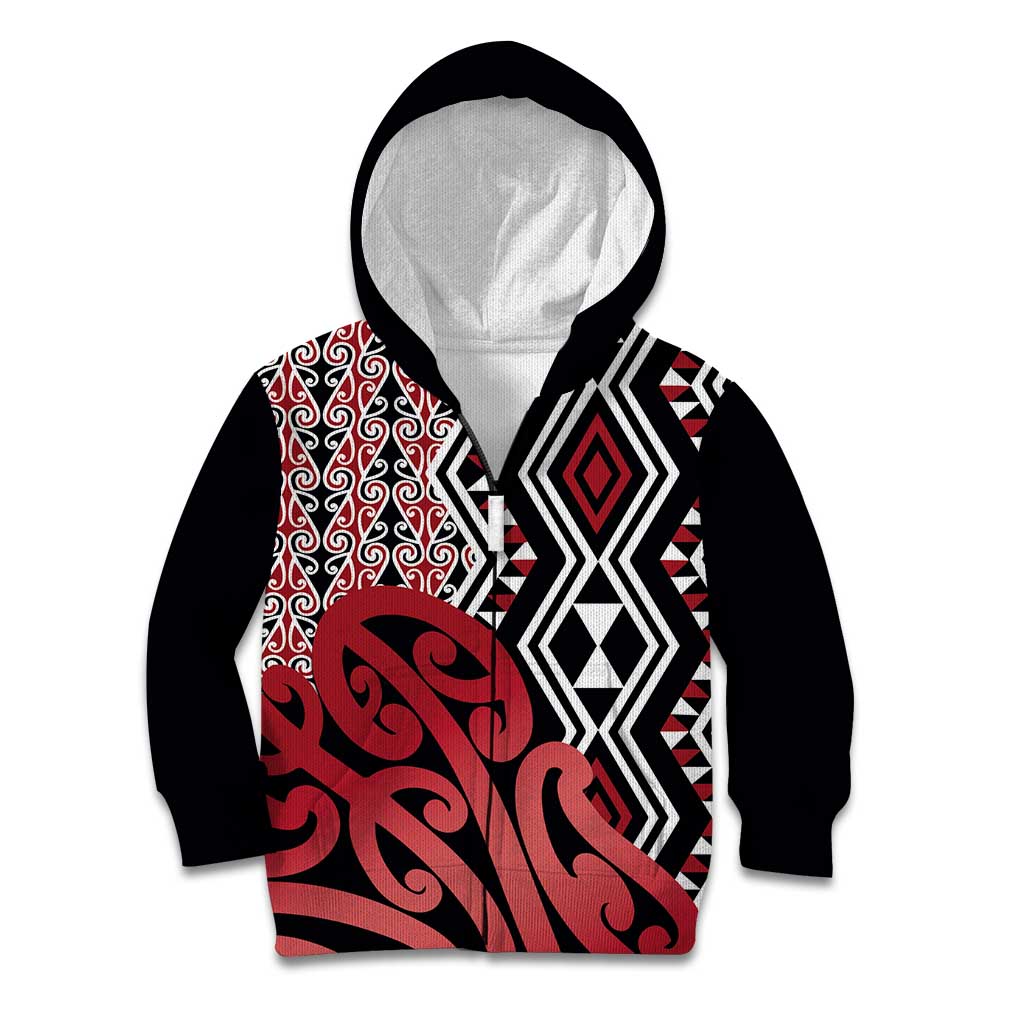 New Zealand Kid Hoodie Aotearoa Kowhaiwhai Mix Taniko Art - Red