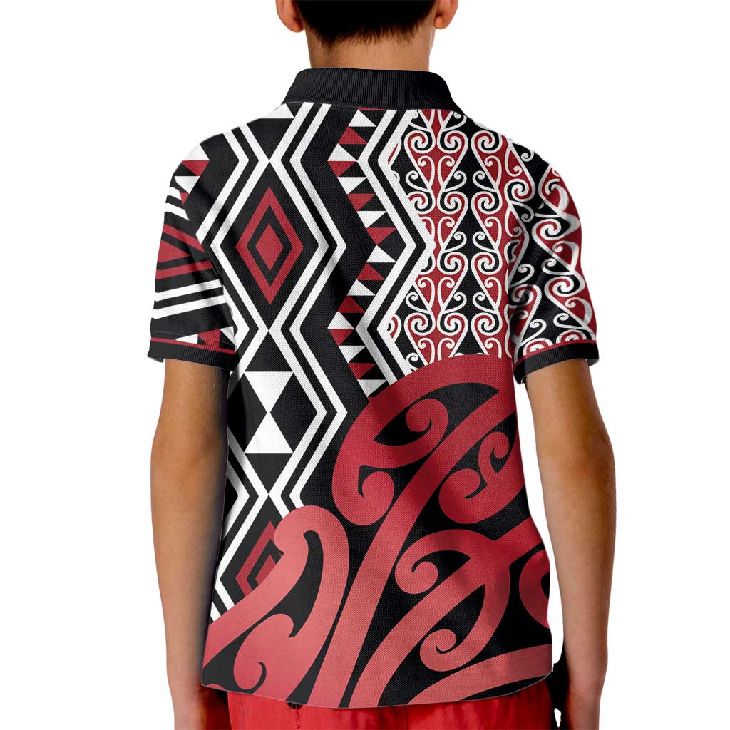 New Zealand Kid Polo Shirt Aotearoa Kowhaiwhai Mix Taniko Art - Red