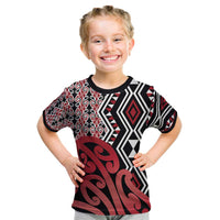New Zealand Kid T Shirt Aotearoa Kowhaiwhai Mix Taniko Art - Red