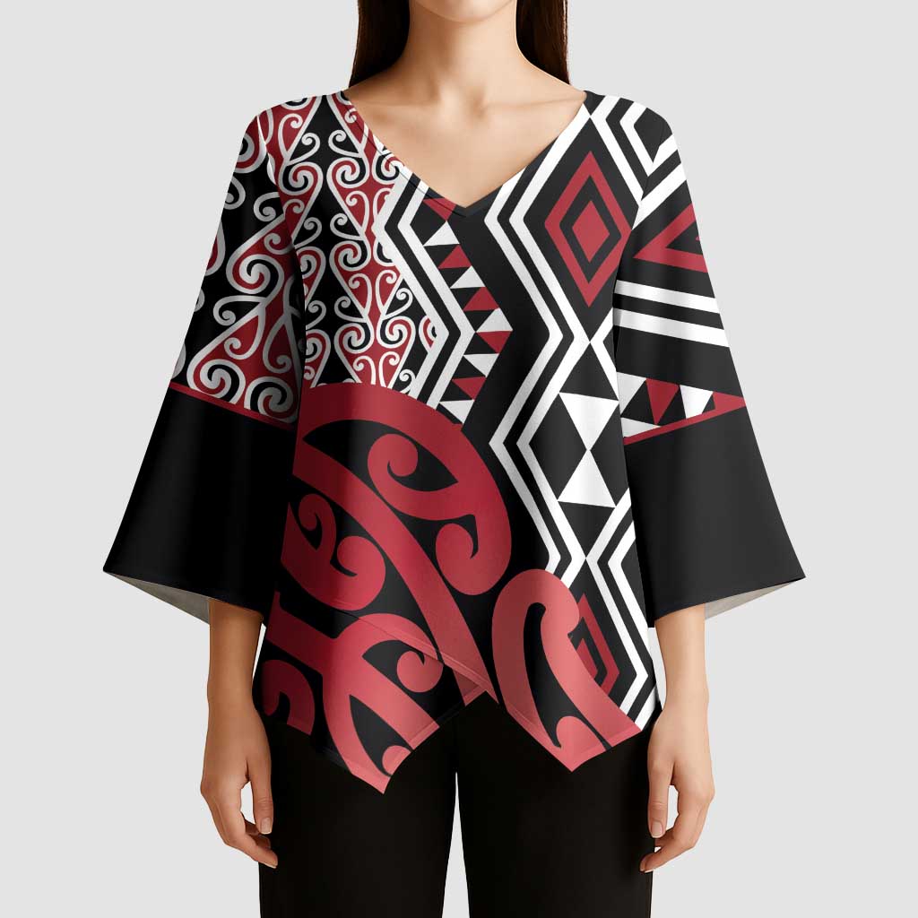 New Zealand Kimono Sleeve Blouse Aotearoa Kowhaiwhai Mix Taniko Art - Red - Polynesian Pride