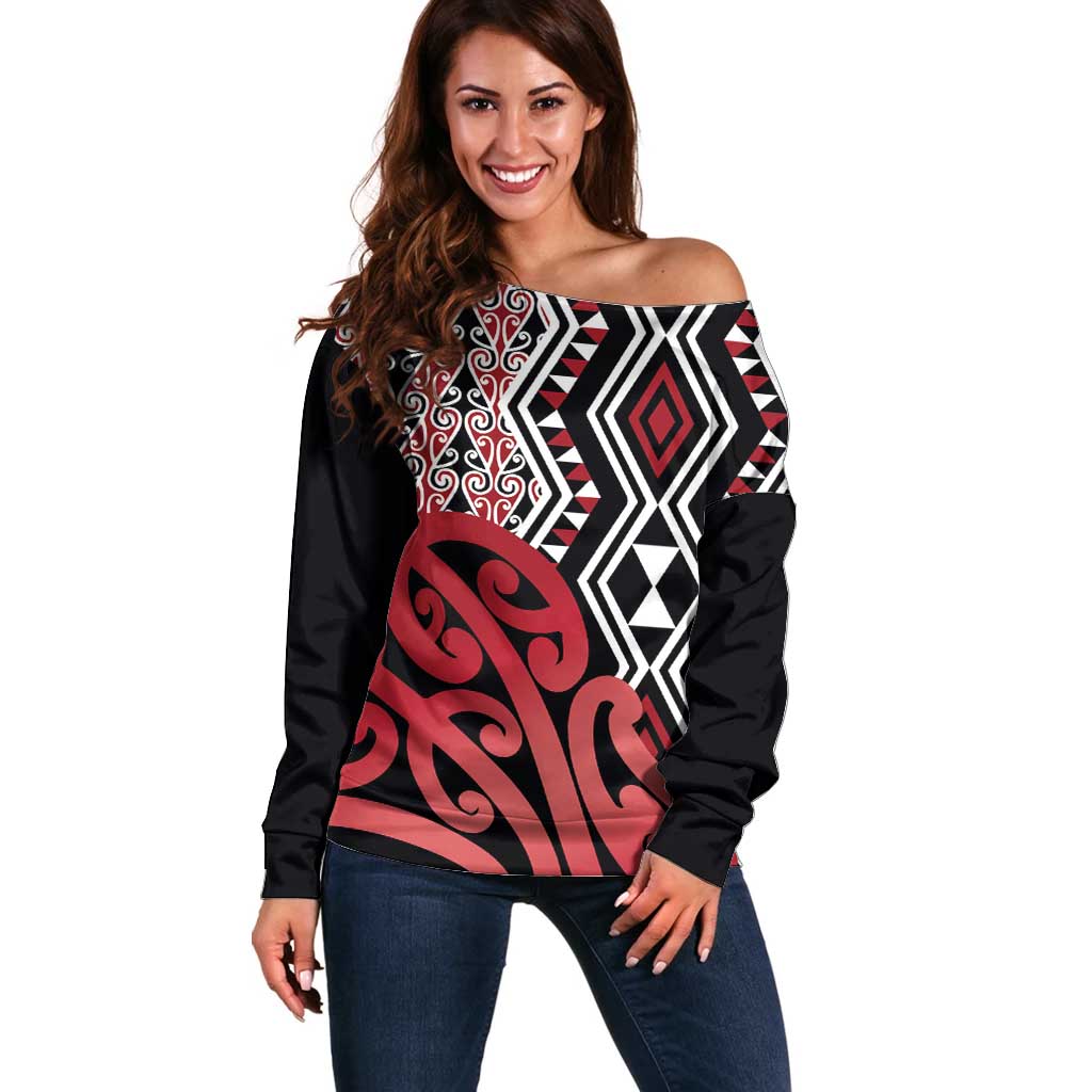 New Zealand Off Shoulder Sweater Aotearoa Kowhaiwhai Mix Taniko Art - Red LT14 Women Red - Polynesian Pride