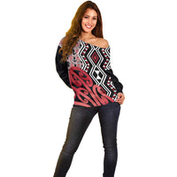 New Zealand Off Shoulder Sweater Aotearoa Kowhaiwhai Mix Taniko Art - Red