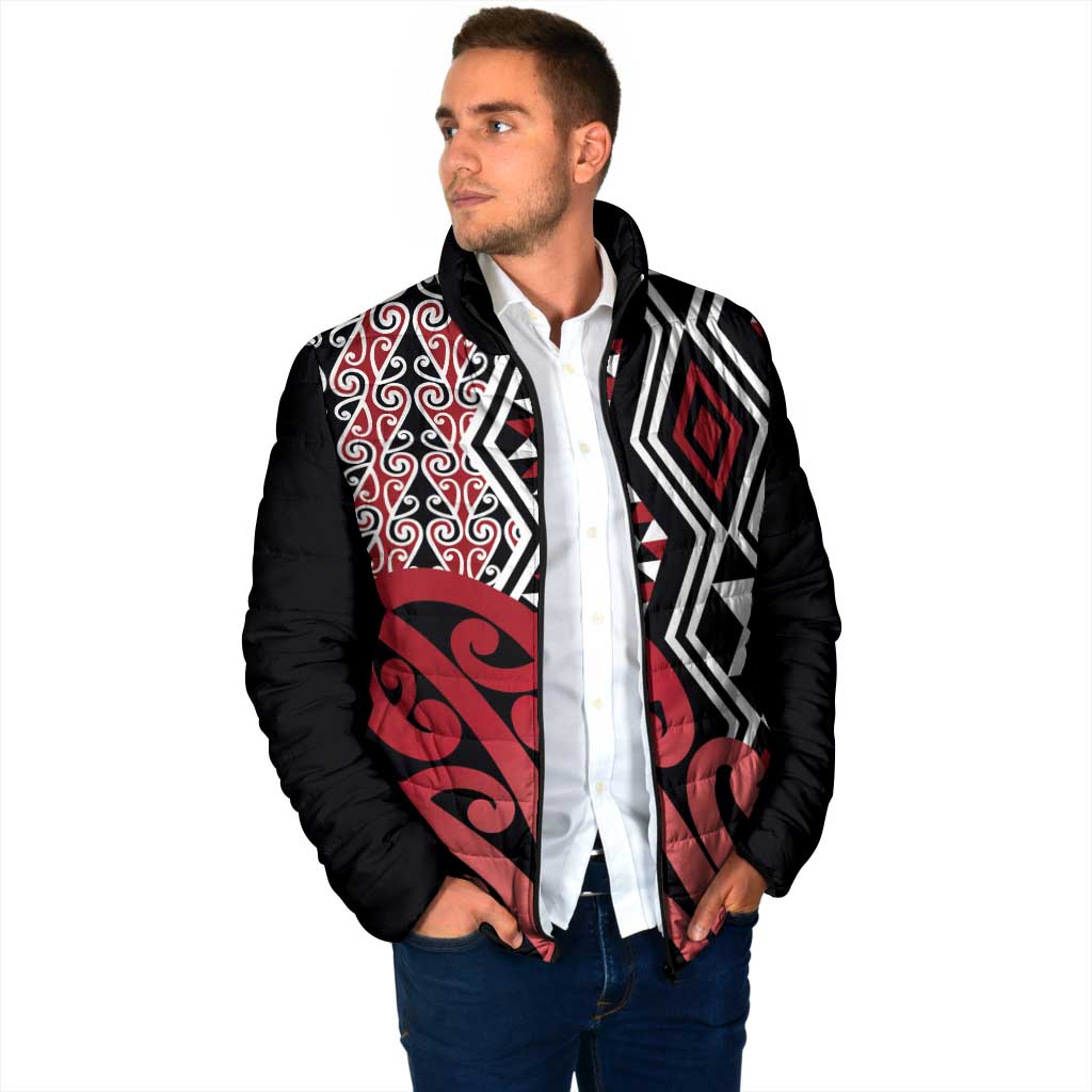 New Zealand Padded Jacket Aotearoa Kowhaiwhai Mix Taniko Art - Red - Polynesian Pride