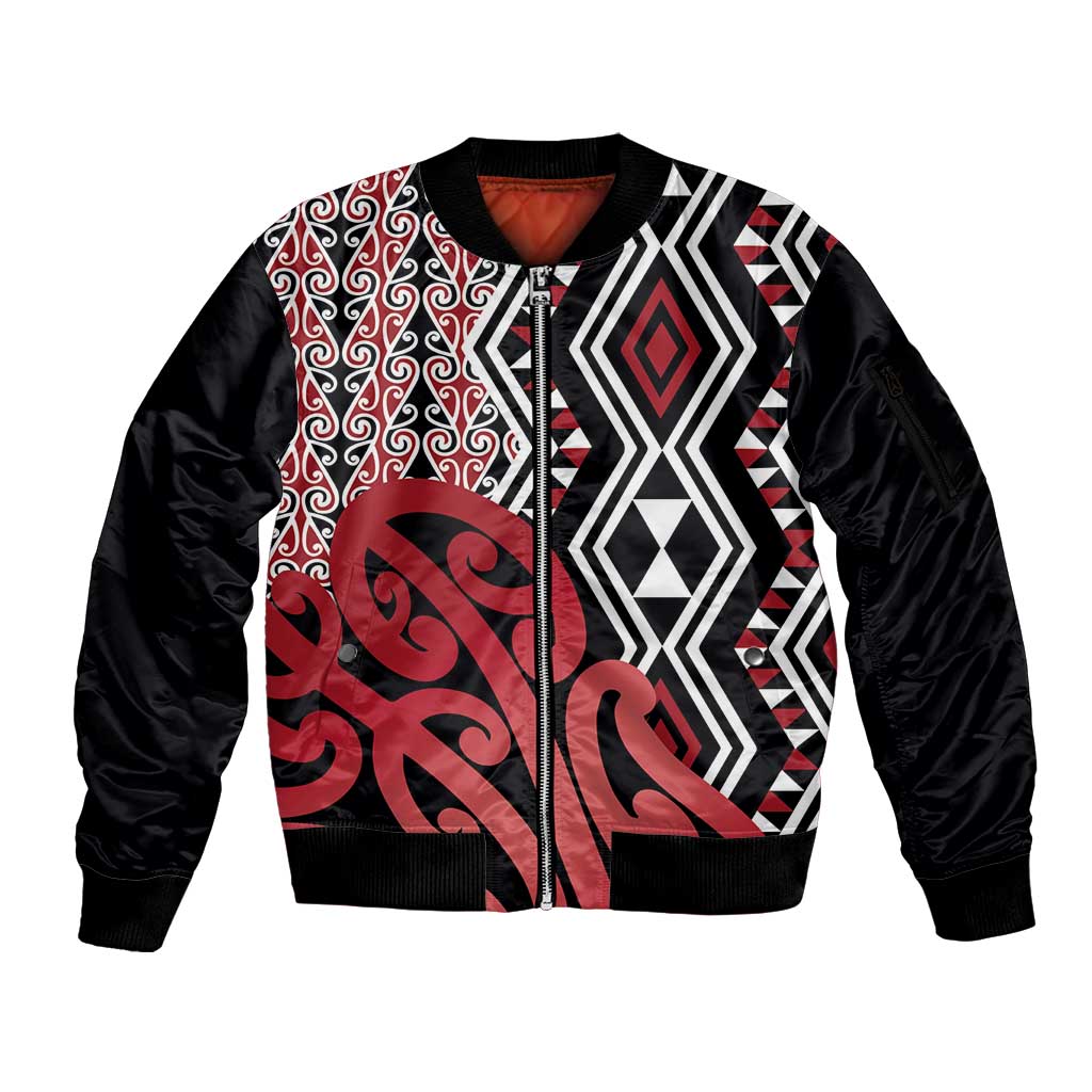 New Zealand Sleeve Zip Bomber Jacket Aotearoa Kowhaiwhai Mix Taniko Art - Red LT14 Unisex Red - Polynesian Pride
