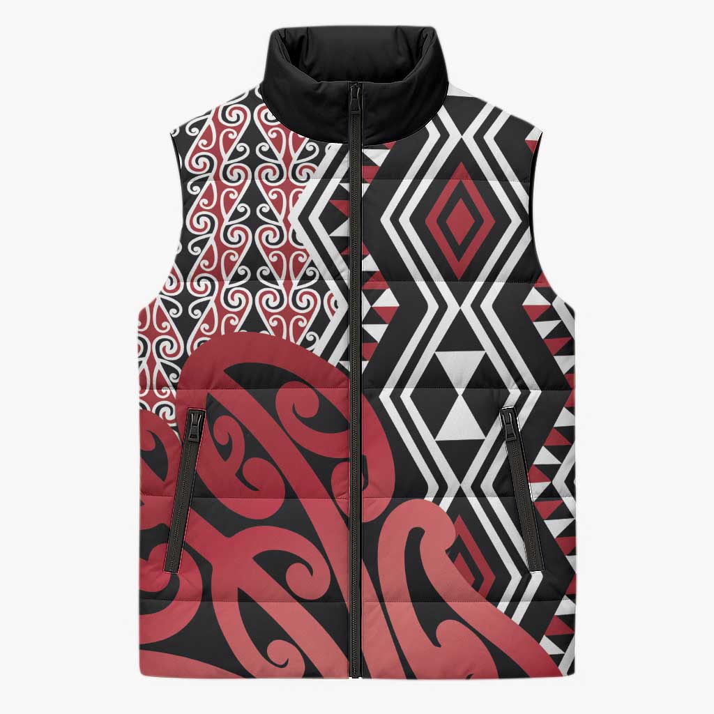 New Zealand Sleeveless Puffer Jacket Aotearoa Kowhaiwhai Mix Taniko Art - Red - Polynesian Pride