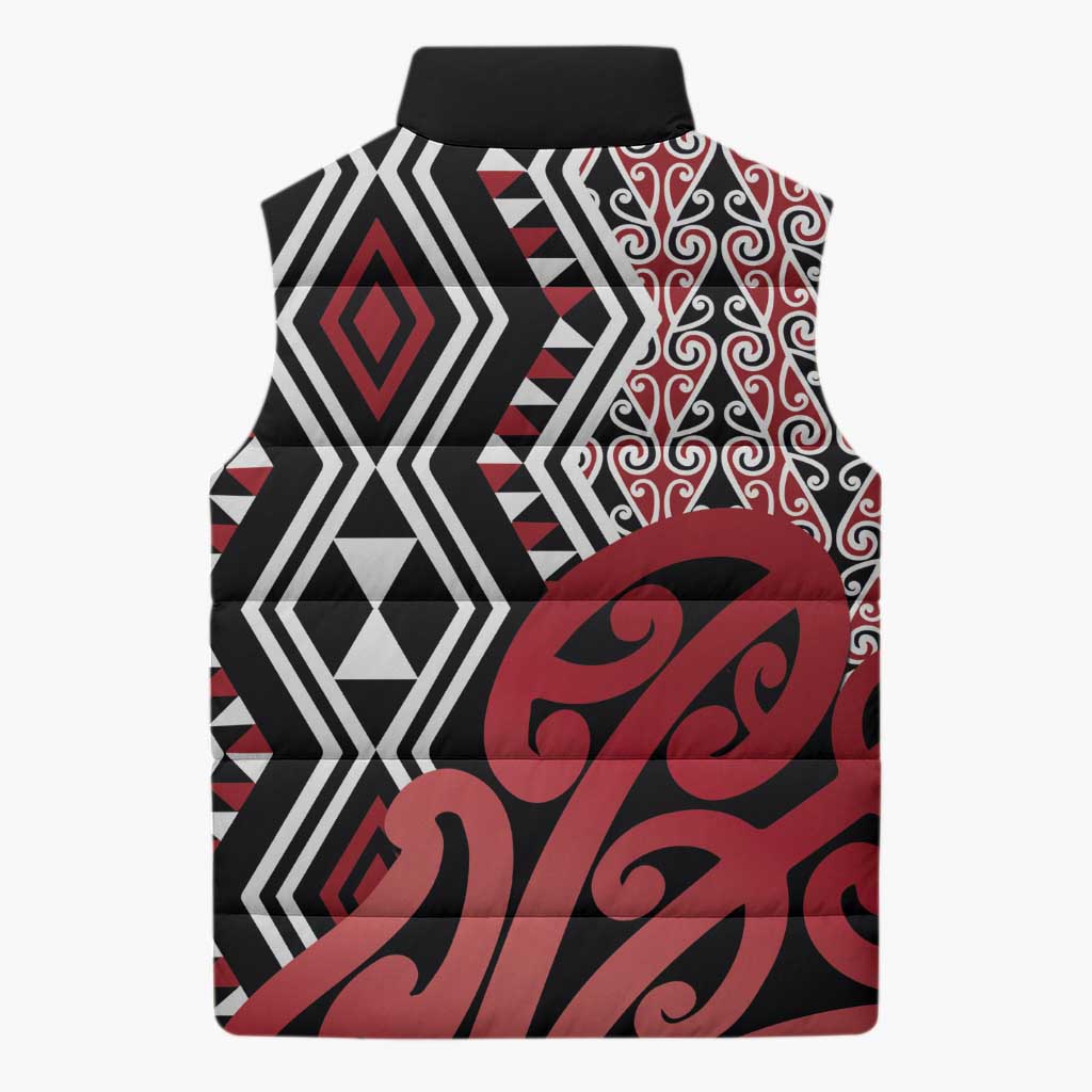 New Zealand Sleeveless Puffer Jacket Aotearoa Kowhaiwhai Mix Taniko Art - Red - Polynesian Pride