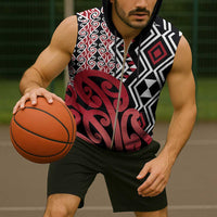 New Zealand Sleeveless Zip Hoodie Aotearoa Kowhaiwhai Mix Taniko Art - Red - Polynesian Pride