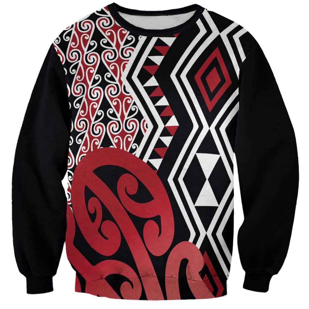 New Zealand Sweatshirt Aotearoa Kowhaiwhai Mix Taniko Art - Red