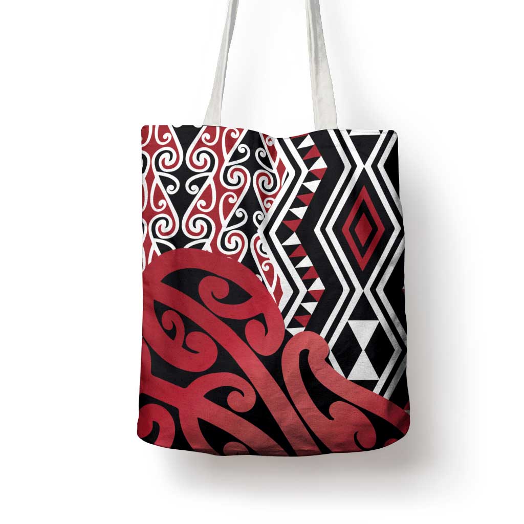 New Zealand Tote Bag Aotearoa Kowhaiwhai Mix Taniko Art - Red - Polynesian Pride