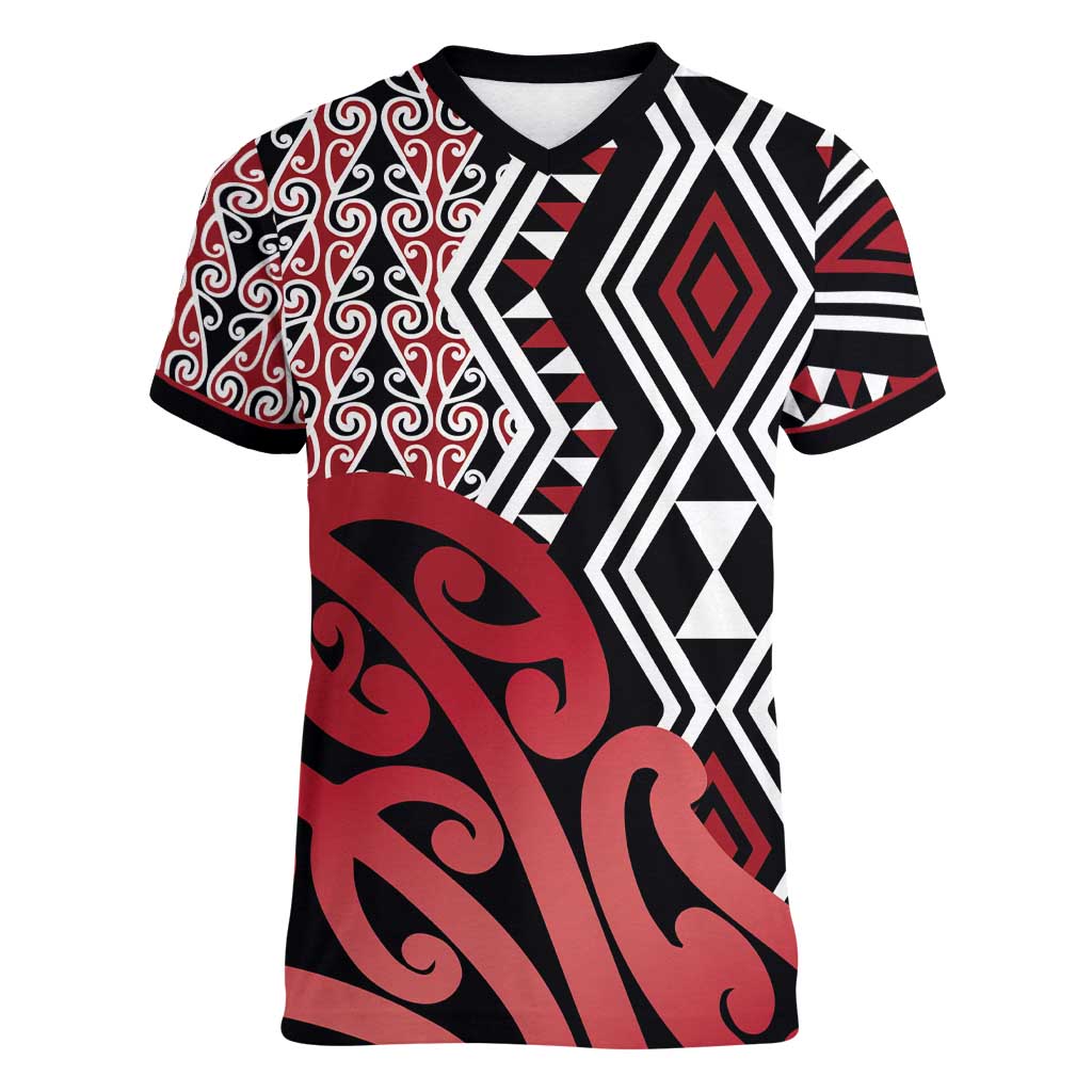 New Zealand Women V-Neck T-Shirt Aotearoa Kowhaiwhai Mix Taniko Art - Red