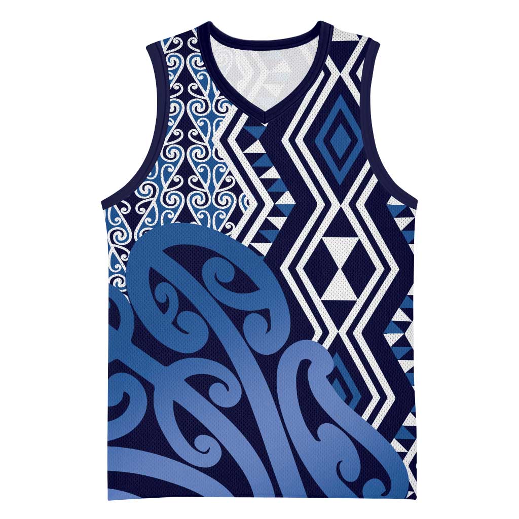 New Zealand Basketball Jersey Aotearoa Kowhaiwhai Mix Taniko Art - Blue - Polynesian Pride