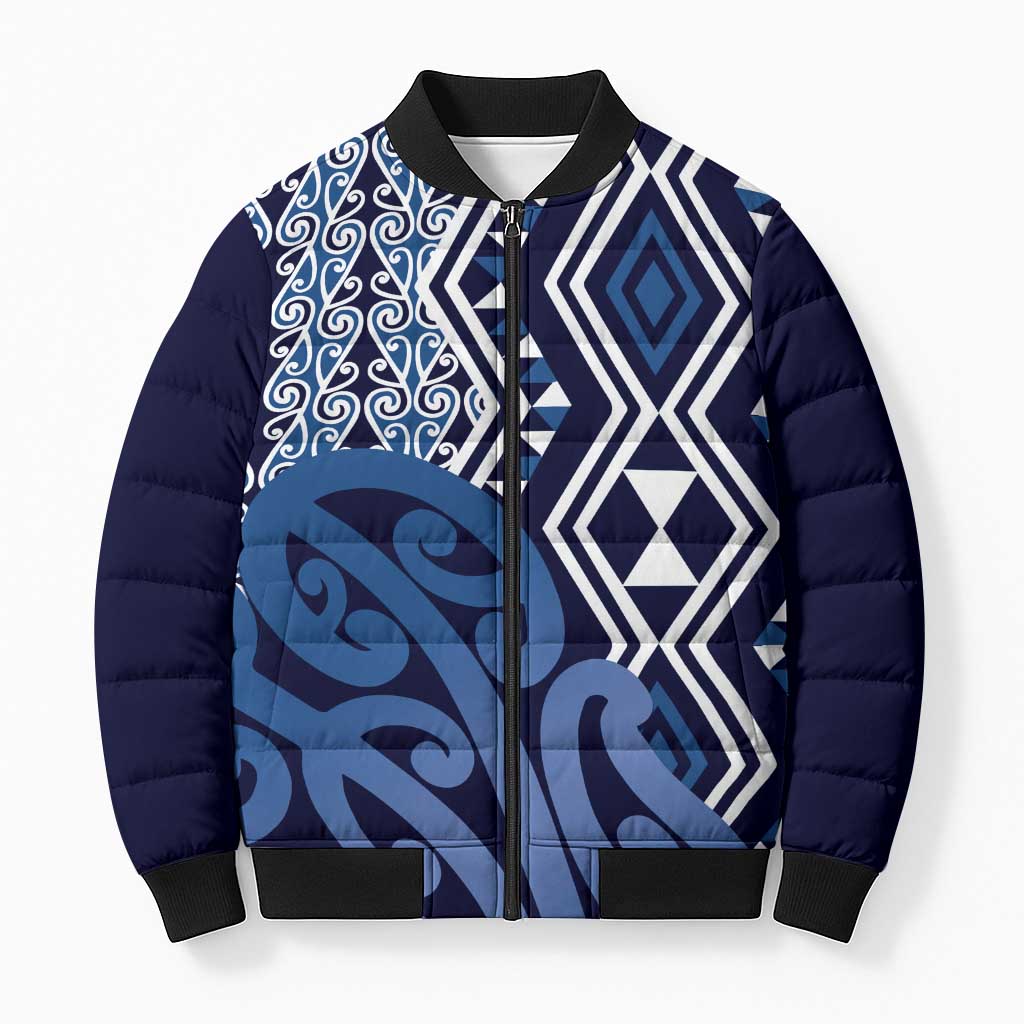 New Zealand Bomber Puffer Jacket Aotearoa Kowhaiwhai Mix Taniko Art - Blue - Polynesian Pride