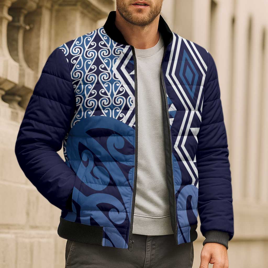 New Zealand Bomber Puffer Jacket Aotearoa Kowhaiwhai Mix Taniko Art - Blue - Polynesian Pride