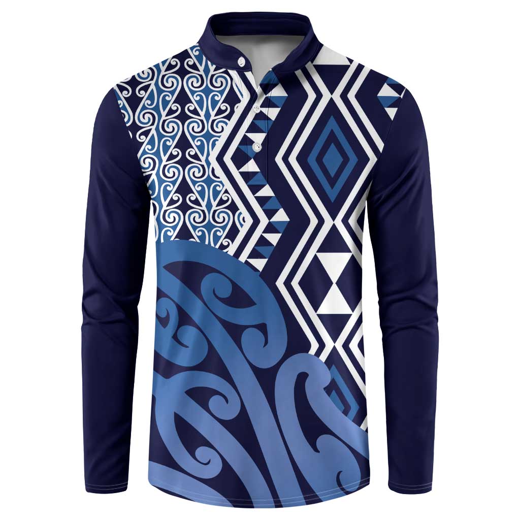 New Zealand Button Sweatshirt Aotearoa Kowhaiwhai Mix Taniko Art - Blue