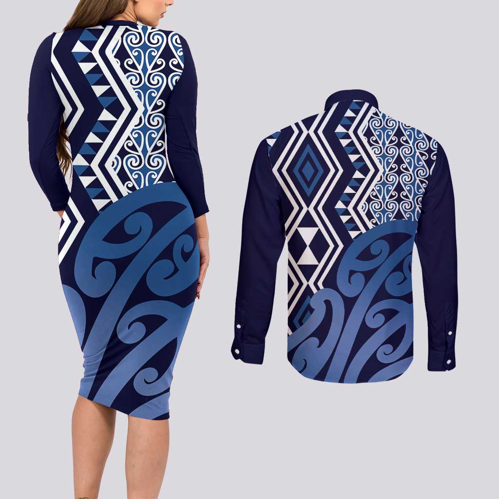 New Zealand Couples Matching Long Sleeve Bodycon Dress and Long Sleeve Button Shirt Aotearoa Kowhaiwhai Mix Taniko Art - Blue