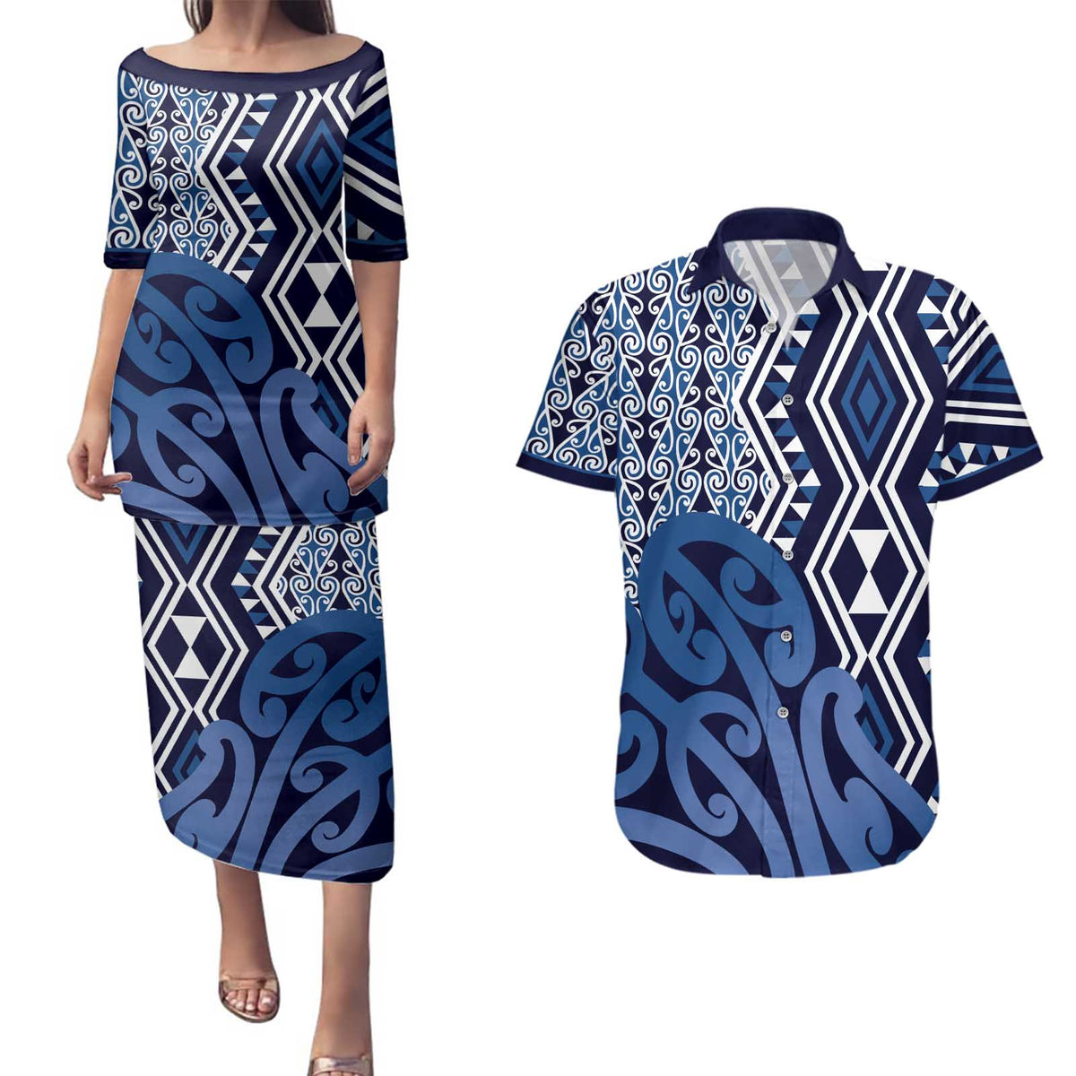 New Zealand Couples Matching Puletasi and Hawaiian Shirt Aotearoa Kowhaiwhai Mix Taniko Art - Blue