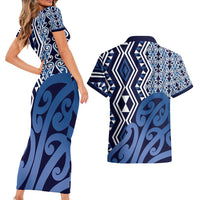 New Zealand Couples Matching Short Sleeve Bodycon Dress and Hawaiian Shirt Aotearoa Kowhaiwhai Mix Taniko Art - Blue