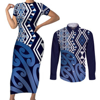 New Zealand Couples Matching Short Sleeve Bodycon Dress and Long Sleeve Button Shirt Aotearoa Kowhaiwhai Mix Taniko Art - Blue