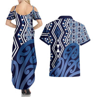 New Zealand Couples Matching Summer Maxi Dress and Hawaiian Shirt Aotearoa Kowhaiwhai Mix Taniko Art - Blue
