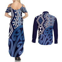 New Zealand Couples Matching Summer Maxi Dress and Long Sleeve Button Shirt Aotearoa Kowhaiwhai Mix Taniko Art - Blue
