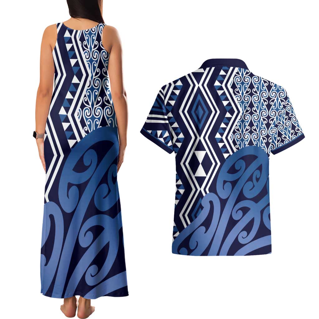 New Zealand Couples Matching Tank Maxi Dress and Hawaiian Shirt Aotearoa Kowhaiwhai Mix Taniko Art - Blue