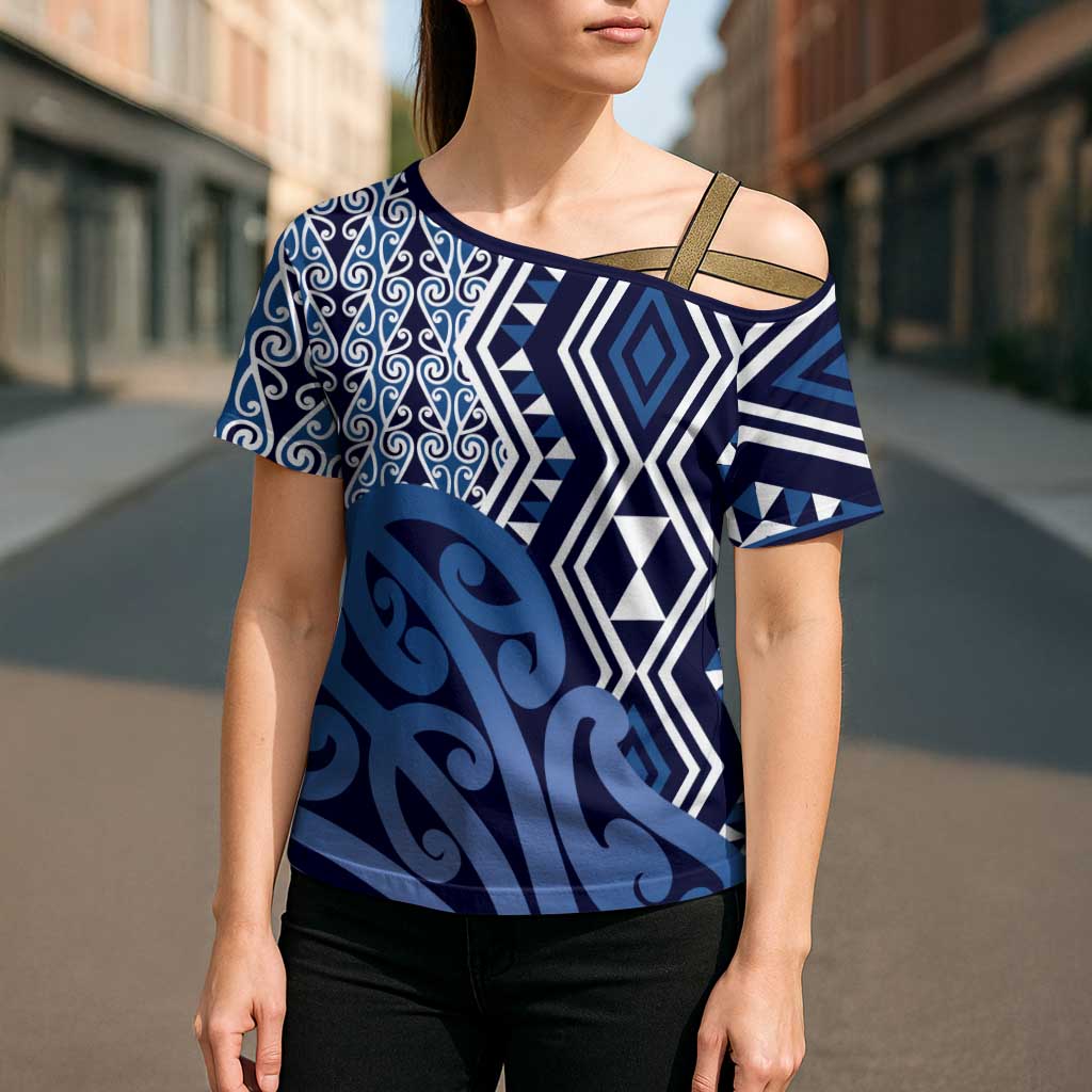 New Zealand Cross Shoulder Shirt Aotearoa Kowhaiwhai Mix Taniko Art - Blue - Polynesian Pride