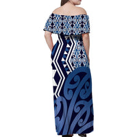 New Zealand Family Matching Off Shoulder Maxi Dress and Hawaiian Shirt Aotearoa Kowhaiwhai Mix Taniko Art - Blue