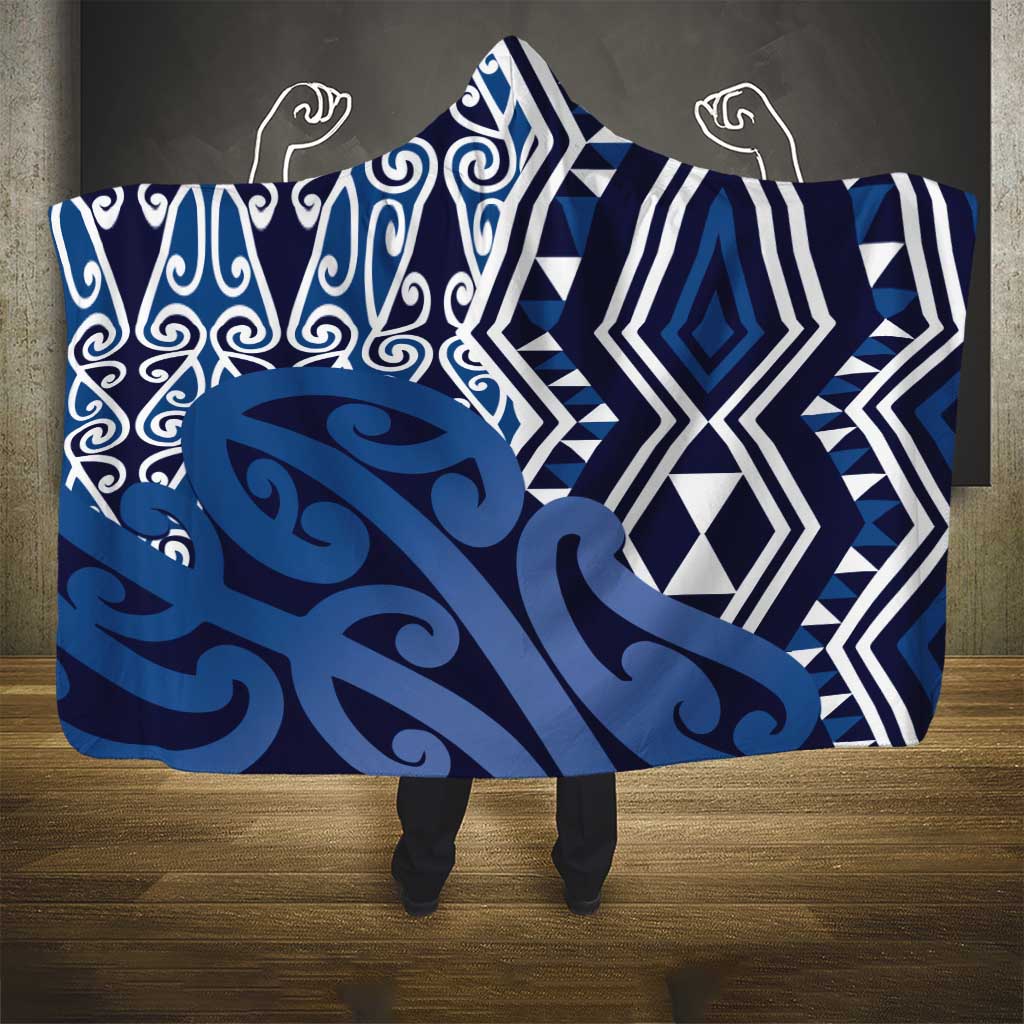 New Zealand Hooded Blanket Aotearoa Kowhaiwhai Mix Taniko Art - Blue