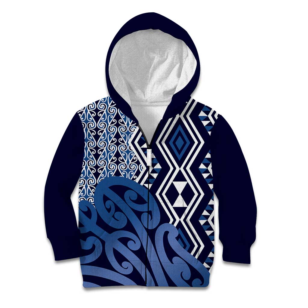 New Zealand Kid Hoodie Aotearoa Kowhaiwhai Mix Taniko Art - Blue