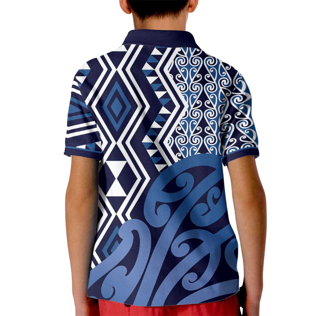 New Zealand Kid Polo Shirt Aotearoa Kowhaiwhai Mix Taniko Art - Blue