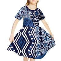 New Zealand Kid Short Sleeve Dress Aotearoa Kowhaiwhai Mix Taniko Art - Blue
