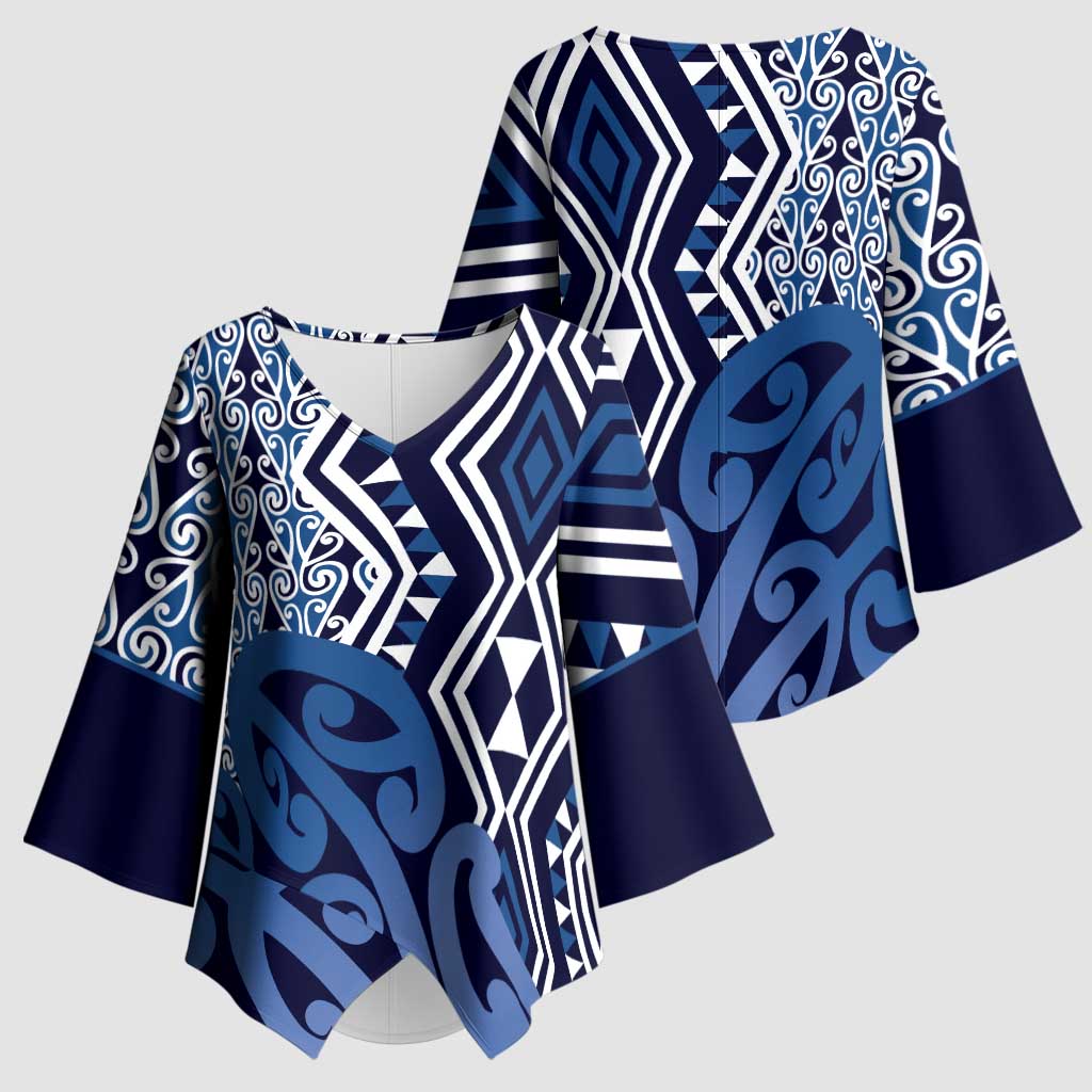 New Zealand Kimono Sleeve Blouse Aotearoa Kowhaiwhai Mix Taniko Art - Blue - Polynesian Pride